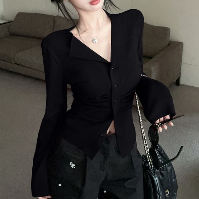 Long Plain V-Neck Sleeve Top Button Ruched