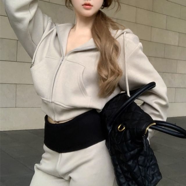 Tone Two Sweatpants / Zip Crop High Drawstring Bootcut Hoodie Plain Rise