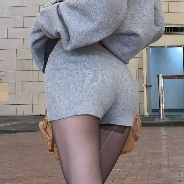 Hoodie Applique Rise Knit Shorts Melange Zip / Mid