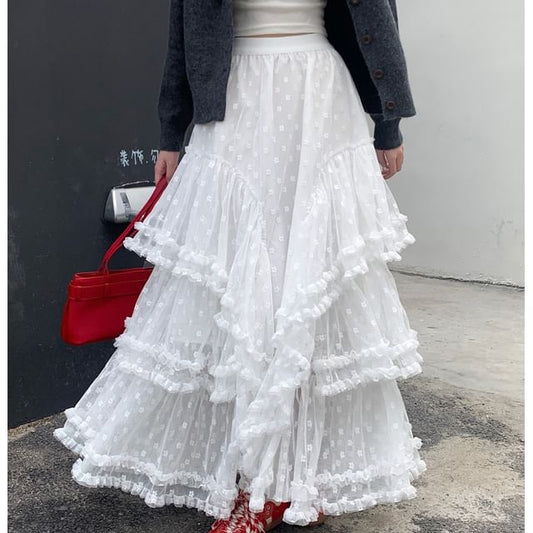 Floral Skirt High Rise Ruffle A-Line Maxi Asymmetrical