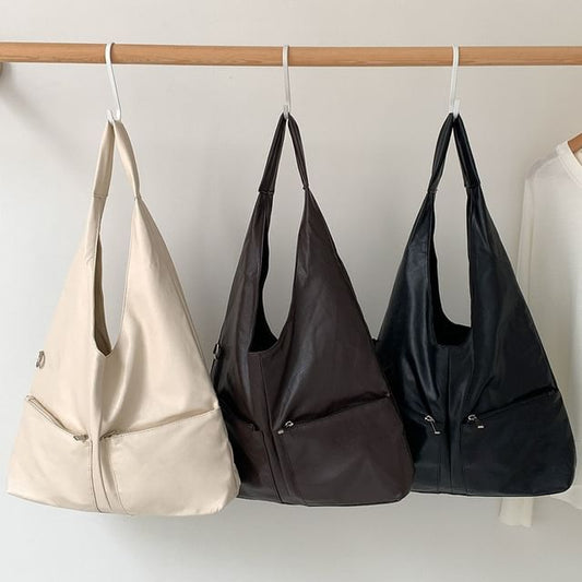 Leather Multi-Pocket Faux Tote Bag