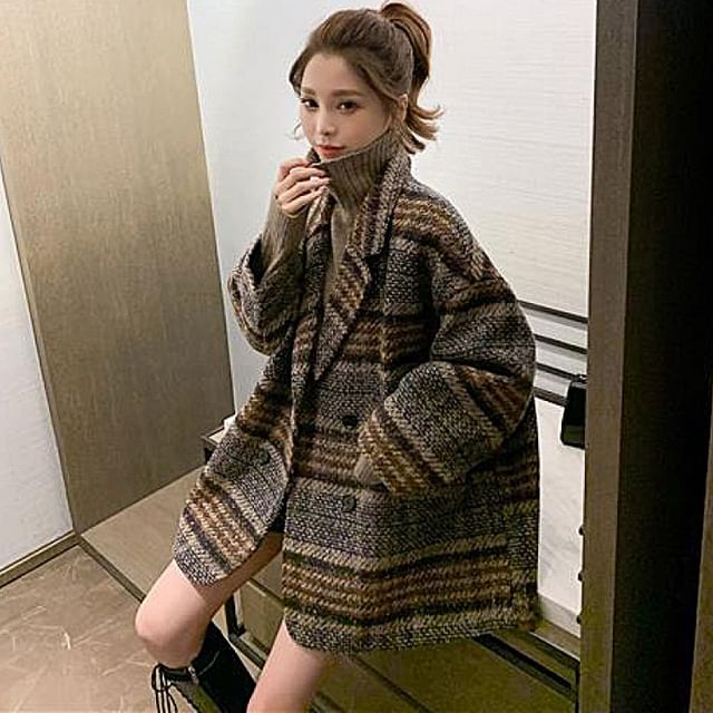 Lapel Collar Plaid Oversized Double-Breasted Coat