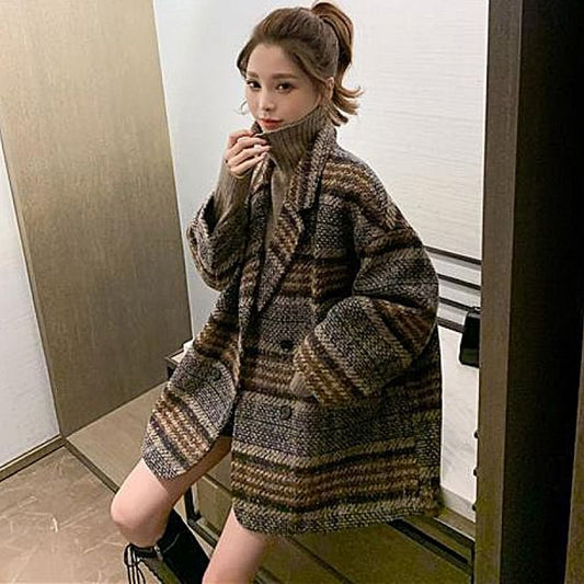 Lapel Collar Plaid Oversized Double-Breasted Coat