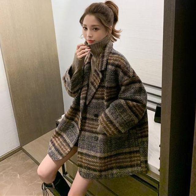 Lapel Collar Plaid Oversized Double-Breasted Coat