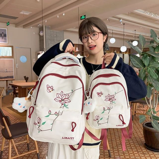 Backpack Charm Floral Set Embroidered Laptop Nylon Bag /