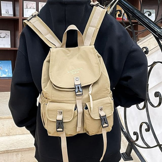 Embroidered Lettering Buckled Backpack Nylon Flap