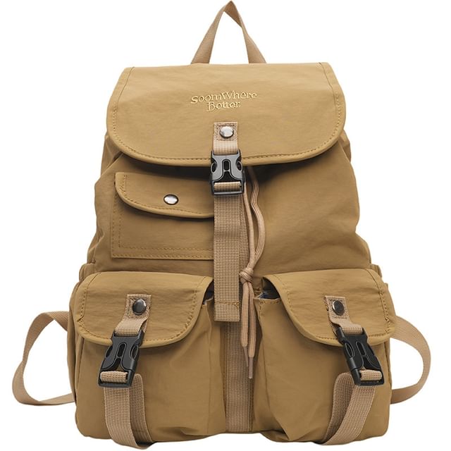Embroidered Lettering Buckled Backpack Nylon Flap