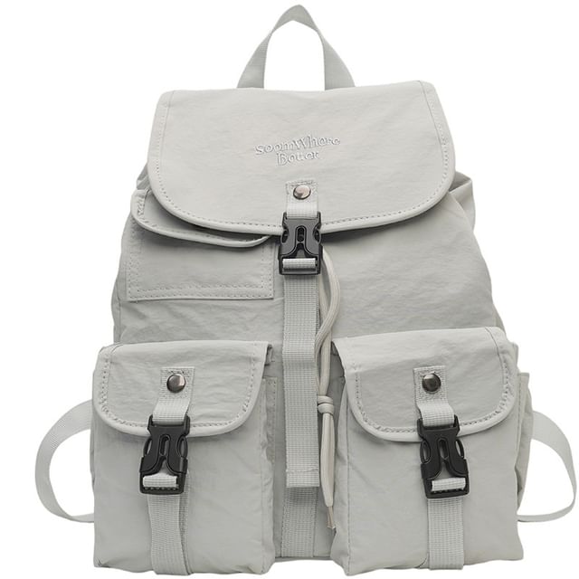 Embroidered Lettering Buckled Backpack Nylon Flap
