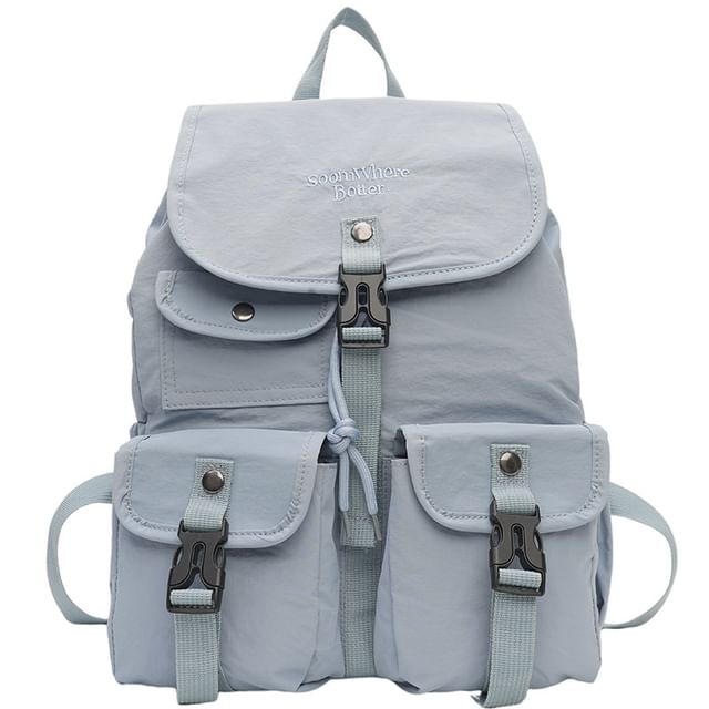 Embroidered Lettering Buckled Backpack Nylon Flap
