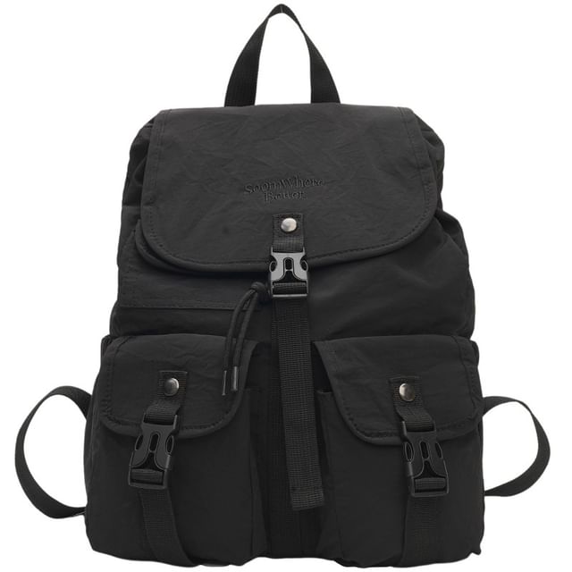 Embroidered Lettering Buckled Backpack Nylon Flap