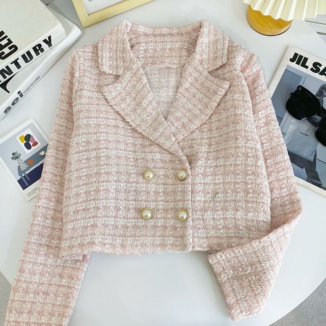 Tweed Faux Pearl Double-Breasted Blazer