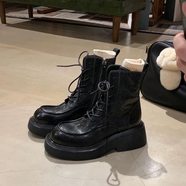 Lace-Up Short Boots Platform Faux Plain Leather