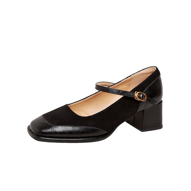 Toe Pumps Jane Square Chunky Mary Leather Panel Plain Faux Heel