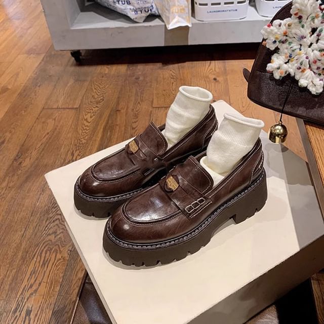 Loafers Plain Faux Penny Platform Leather