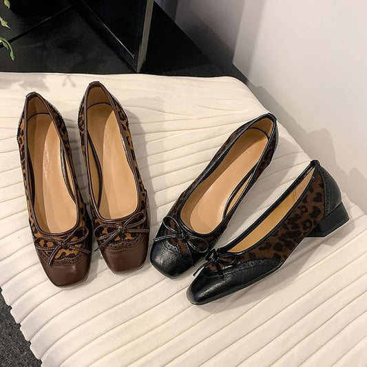 Panel Bow Accent Faux Leopard Heel Leather Brogue Print Pumps Low
