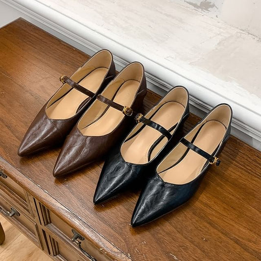 Plain Jane Faux Buckled Leather Mary Pointed Pumps Low Heel Toe