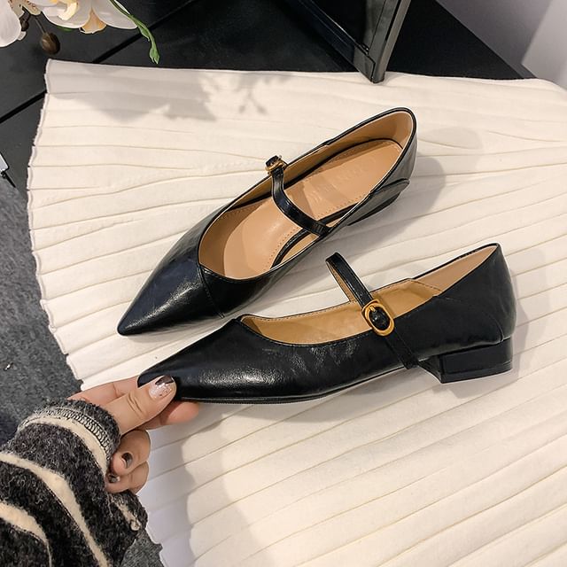 Plain Jane Faux Buckled Leather Mary Pointed Pumps Low Heel Toe