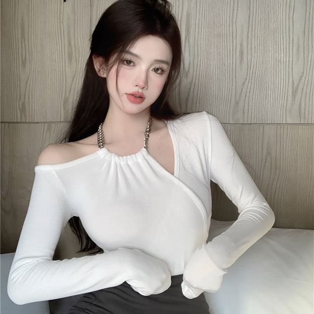 Long-Sleeve Halter Neck Off-Shoulder Plain Asymmetrical Slim Fit Tee