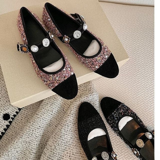 Jane Flats Pearl Faux Tweed Cap Mary Toe