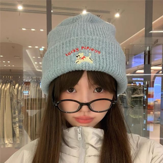 Knit Dog Beanie Embroidered