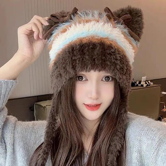Cat Fluffy Ear Bow Knit Beanie