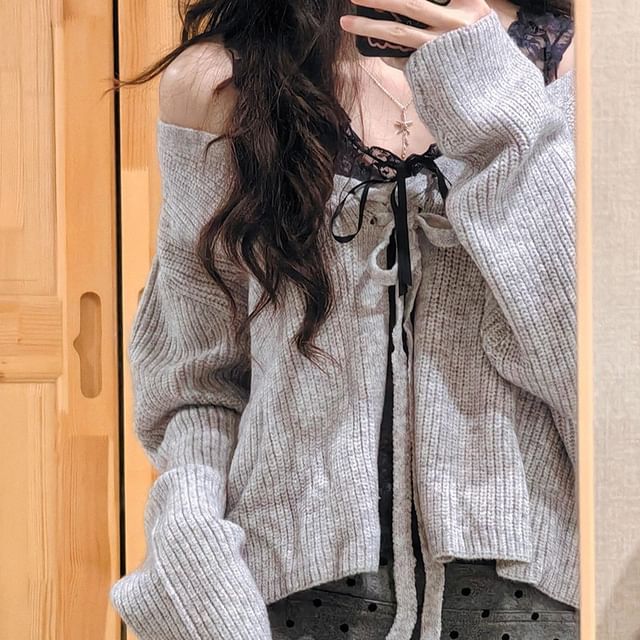Lace Up V-Neck Plain Cardigan