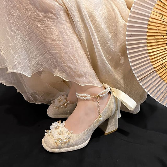 Mary Pearl Faux Chunky Platform Shoes Floral Heel Jane