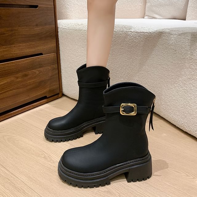 Chunky Buckled Heel Boots Short
