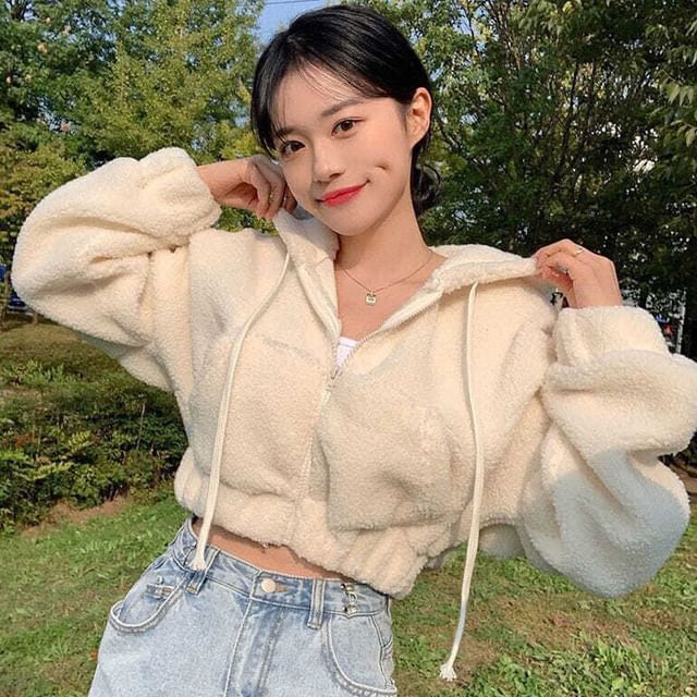 Hooded Fleece Zip-Up Cropped Hoodie
