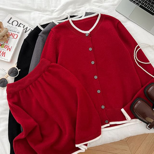 Contrast Trim Button Cardigan Set with High-Waisted Mini A-Line Skirt