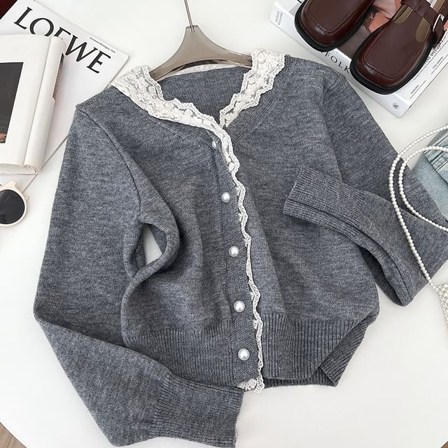 Cropped V-Neck Lace Trim Cardigan