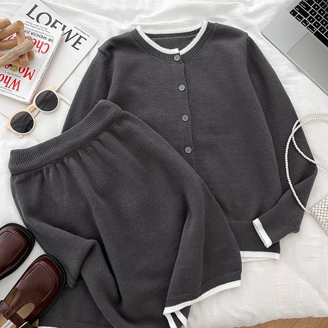 Contrast Trim Button Cardigan Set with High-Waisted Mini A-Line Skirt