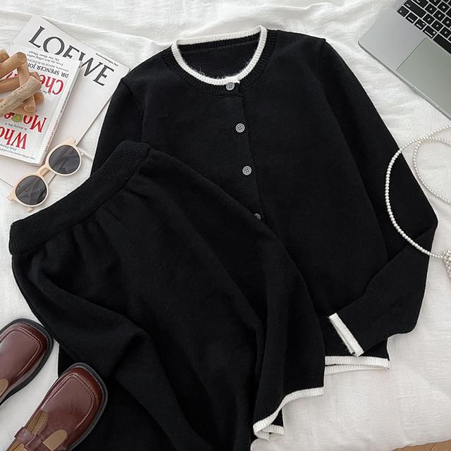 Contrast Trim Button Cardigan Set with High-Waisted Mini A-Line Skirt