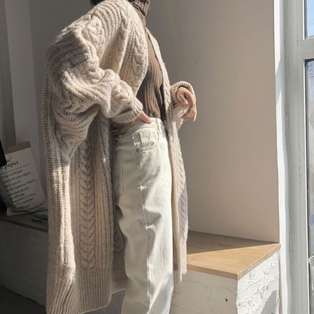 Oversized Open Front Cable Knit Long Cardigan