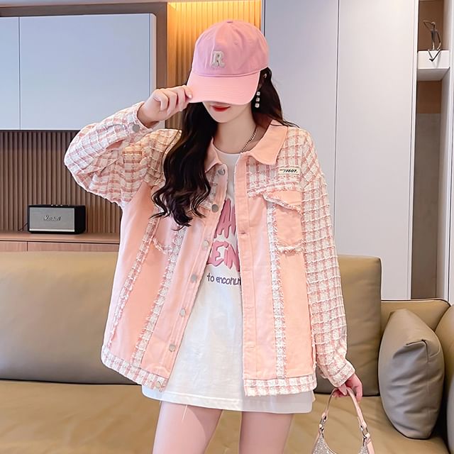 Collared Plaid Denim Panel Button-Up Tweed Jacket