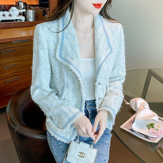 Lapel Collar Contrast Trim Button-Up Tweed Jacket