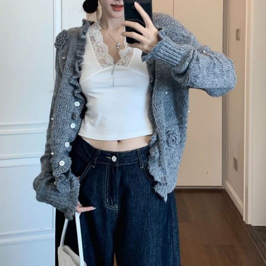Plain Cardigan and V-Neck Crop Tank Top Set