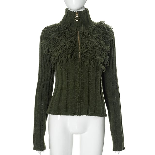 Mock Neck Fringe Panel Zip Front Cardigan