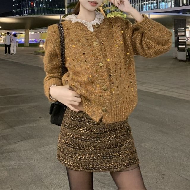 Crew Neck Melange Sequin Cardigan / Long Sleeve Collared Plain Pintuck Panel Lace Blouse / High Rise Tweed Mini A-Line Skirt
