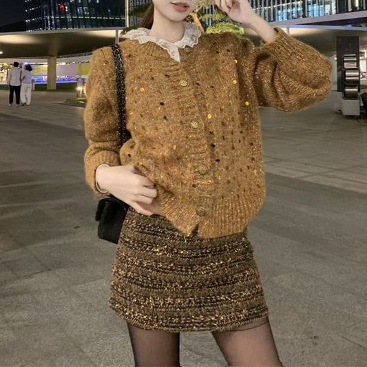 Crew Neck Melange Sequin Cardigan / Long Sleeve Collared Plain Pintuck Panel Lace Blouse / High Rise Tweed Mini A-Line Skirt