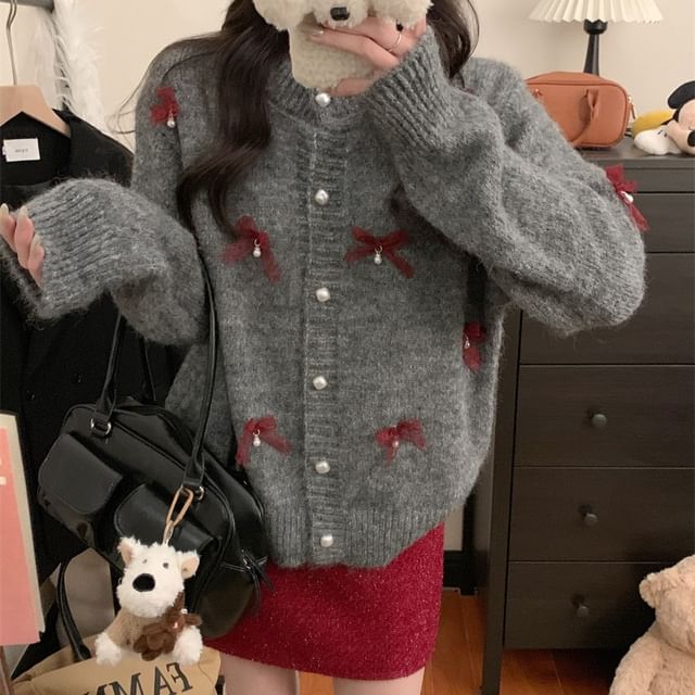 Round Neck Bow Faux Pearl Button Cardigan / High Rise Tweed Mini A-Line Skirt