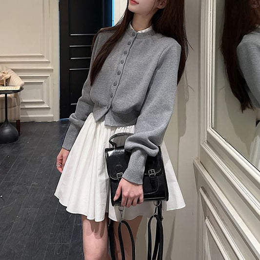 Mock Neck Cardigan & High-Waist Mini A-Line Skirt Set