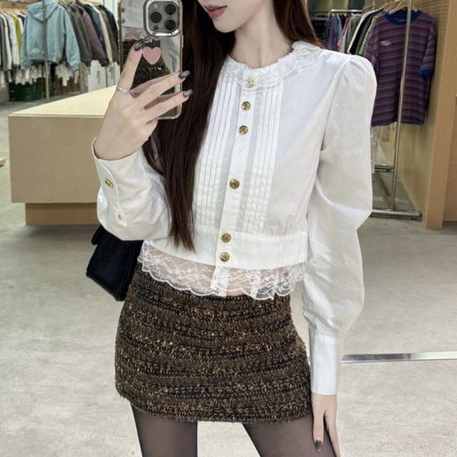 Crew Neck Melange Sequin Cardigan / Long Sleeve Collared Plain Pintuck Panel Lace Blouse / High Rise Tweed Mini A-Line Skirt