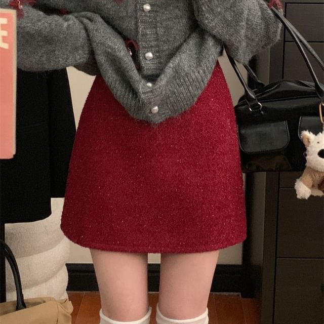 Round Neck Bow Faux Pearl Button Cardigan / High Rise Tweed Mini A-Line Skirt