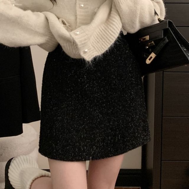 Round Neck Bow Faux Pearl Button Cardigan / High Rise Tweed Mini A-Line Skirt