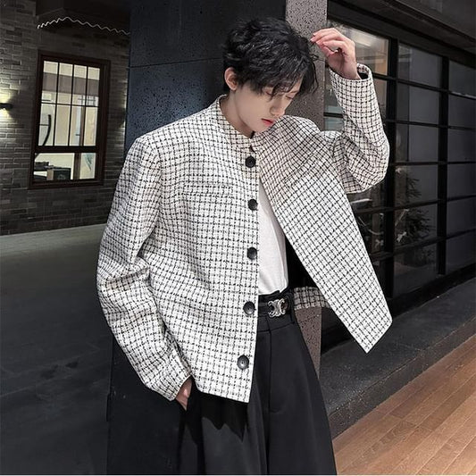 Stand Collar Plaid Button-Up Tweed Jacket