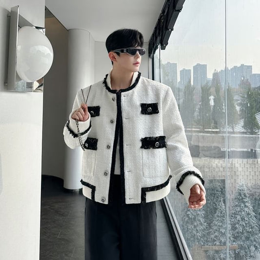 Crew Neck Contrast Trim Fringed Button-Up Tweed Jacket