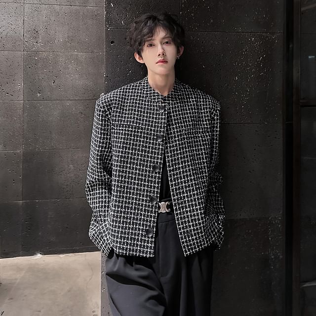 Stand Collar Plaid Button-Up Tweed Jacket