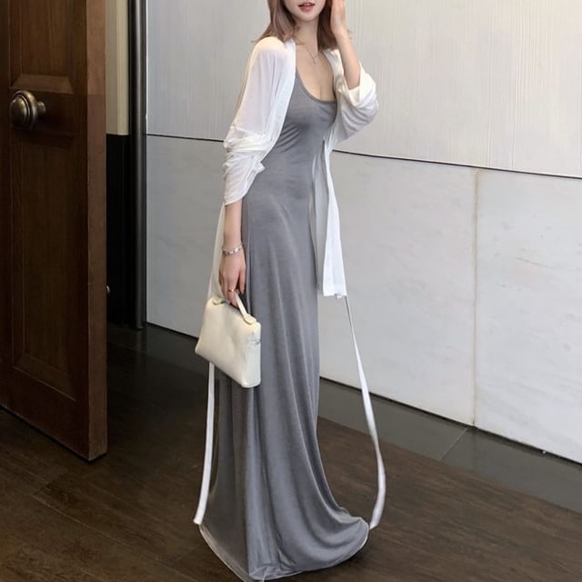 Spaghetti Strap Midi Bodycon Dress & Cardigan Set