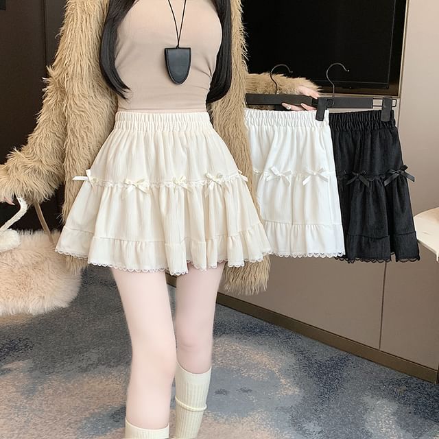 Trim Lace High Accent Mini A-Line Skirt Velvet Plain Bow Waist